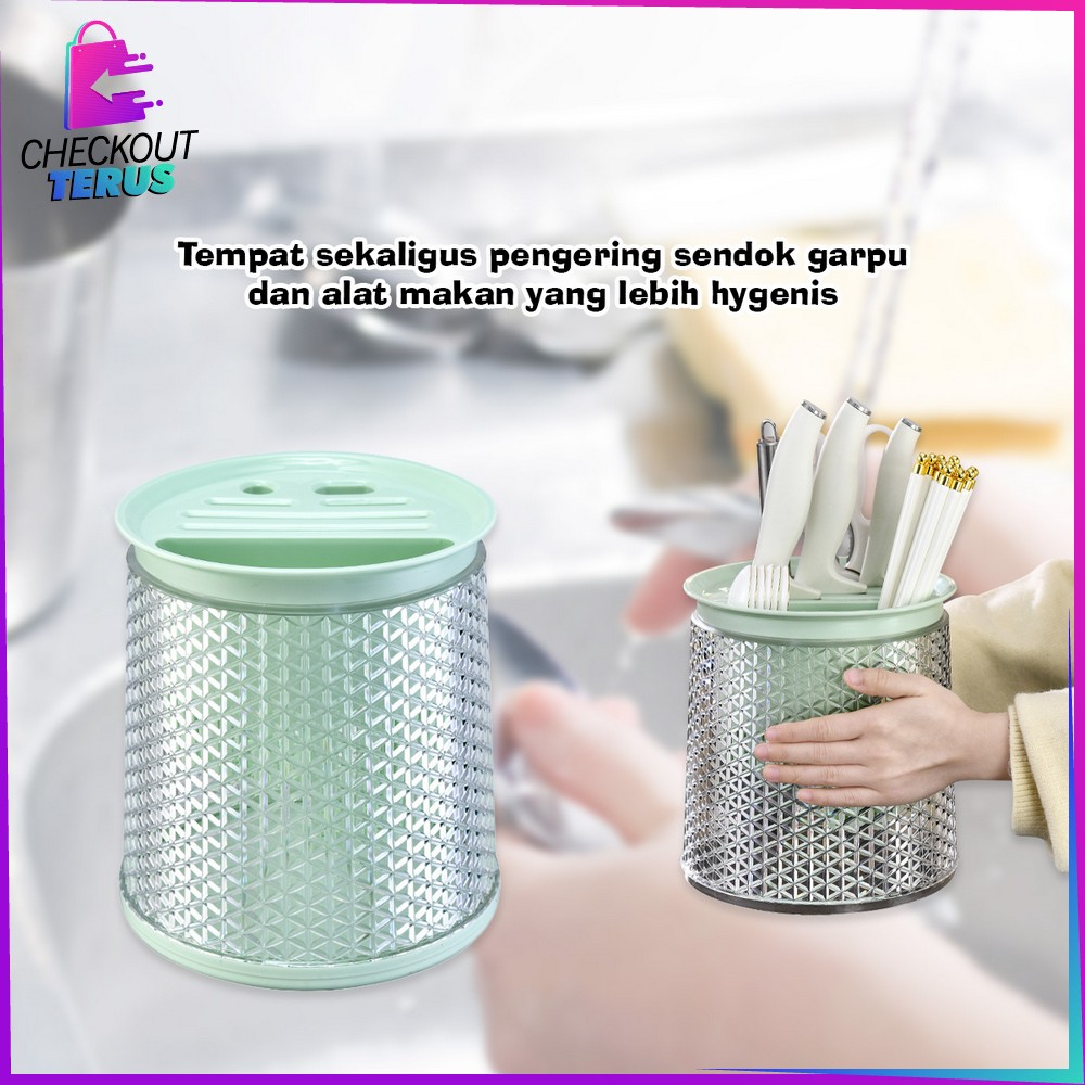 CT C854 Rak Putar 360° Estetik Tempat Sendok Garpu Sumpit Pisau Wadah Penyimpanan Peralatan Dapur Cutlery Holder dengan Tirisan