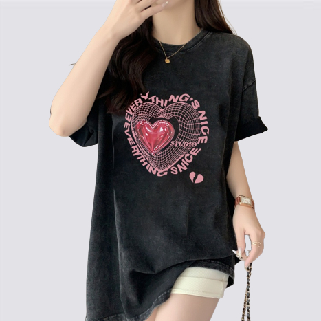XIAOZHAINV Korean Style Pink Love Pattern Washed Printing Kaos Wanita A0089