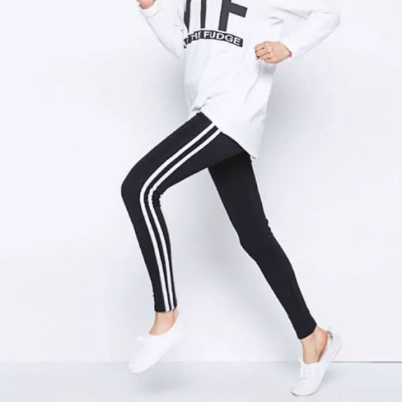 Legging List strip 2 Putih Bahan Tebal PREMIUM/ Legging Stripe Sport Olahraga Wanita