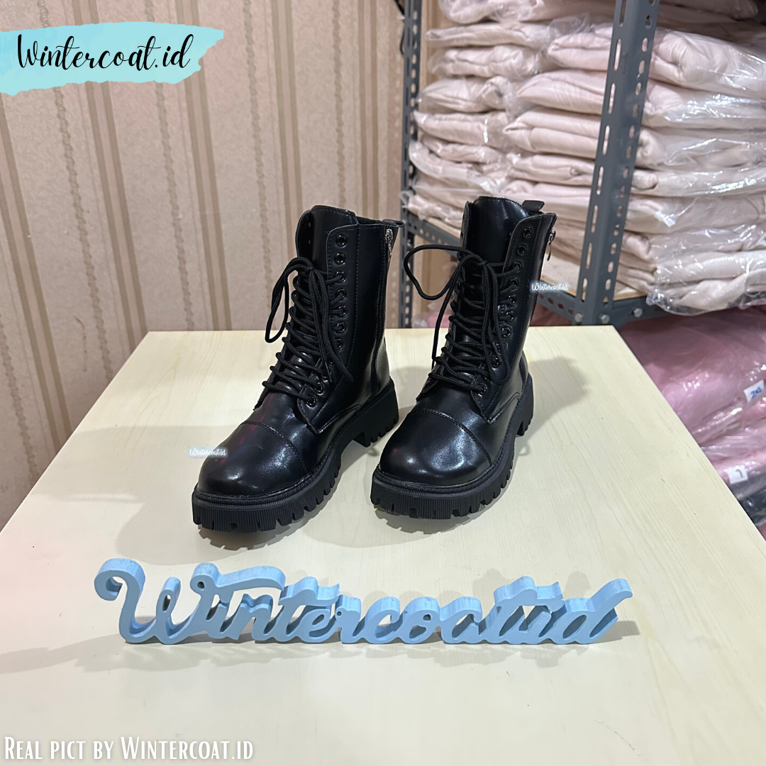 Leather boots import wanita sepatu winter Dian inner cashmere fur hangat hitam black boot