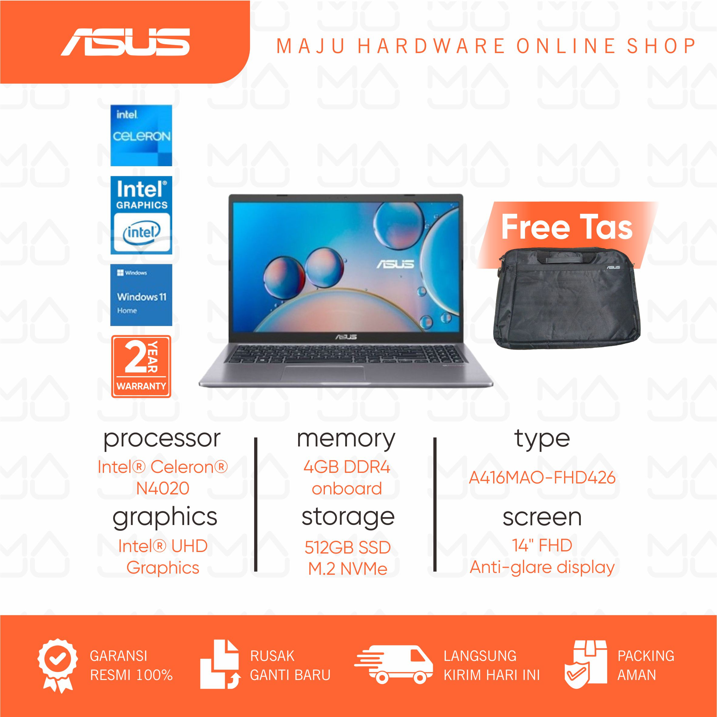 Laptop ASUS VIVOBOOK 14 A416MAO FHD426 N4020 4GB 256SSD W11+OHS 14.0FHD Grey - Garansi Resmi