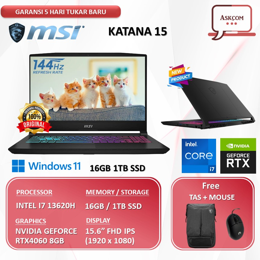 Laptop Gaming MSI Katana 15 RTX4060 8GB I7 13620H 16GB 1TBSSD W11 15.6FHD IPS 144HZ 4ZONE RGB B13VFK.282