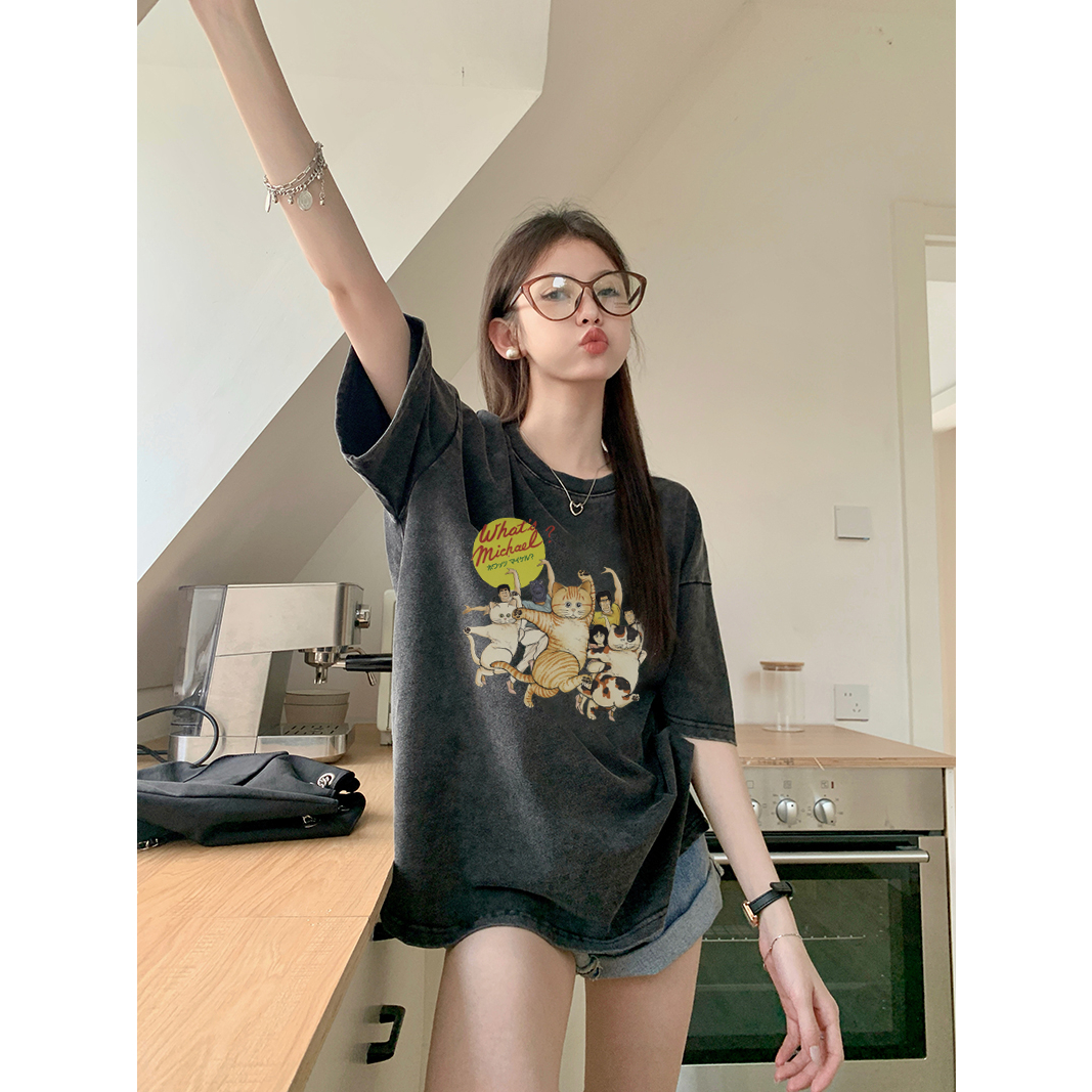 EUNII T-shirt Lengan Pendek Black Washed Cartoon Funny Cat Printing Korean Style/Kaos Atasan Wanita/Baju Wanita/Kaos Wanita