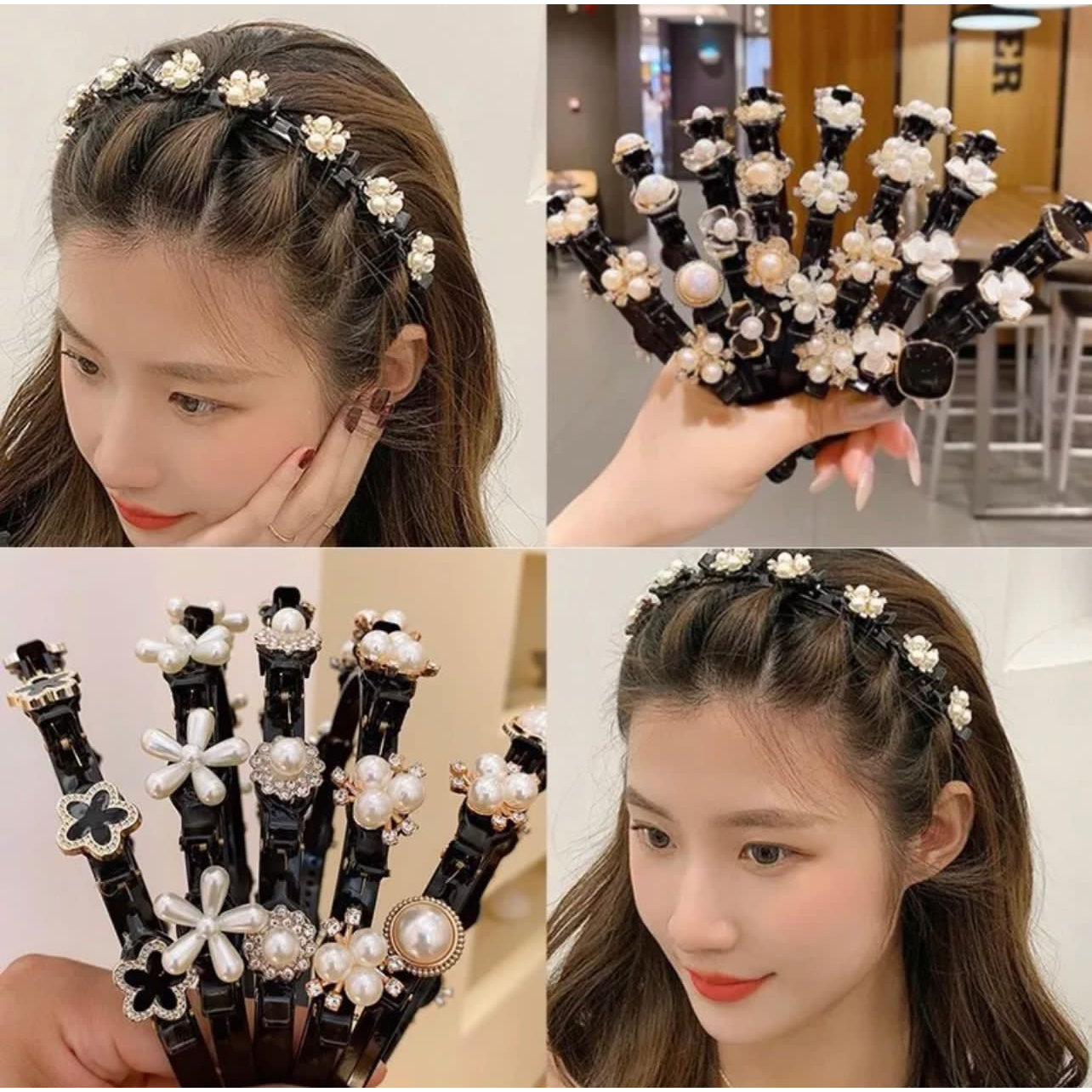 Bando Fashion Korea 2in1 Jepit Rambut Pola Mutiara Kristal Perempuan