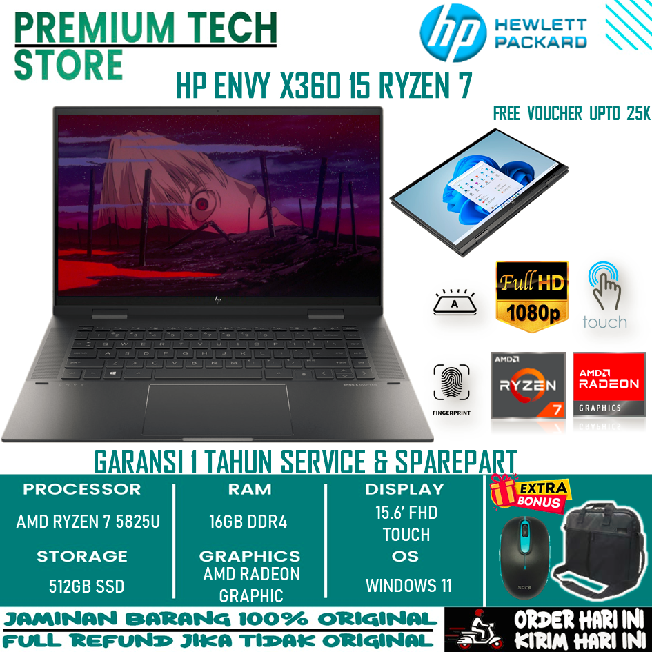 Laptop HP Envy X360 15 AMD Ryzen 7 5825U 16GB 512 SSD 15.6 FHD TOUCH WIN11HOME TERMURAH