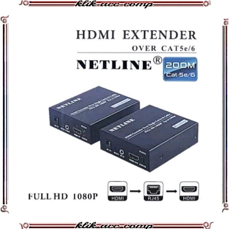 Hdmi extender netline over cat 6 6e 5e 200m 1080p adapter nl-he200 - hdtv to lan rj45