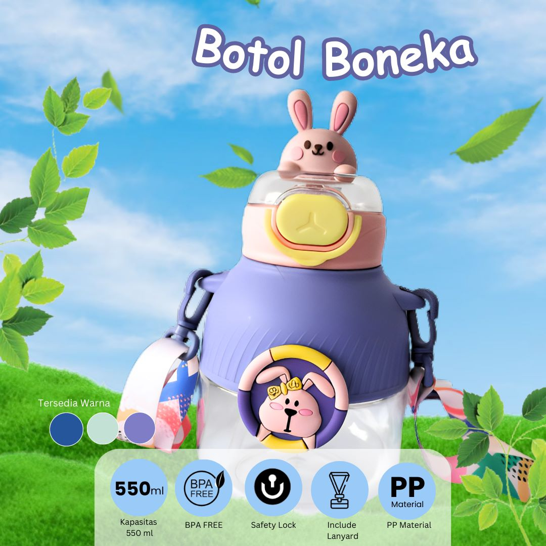 Botol Boneka Air Minum Anak Tali Karakter Viral 550ML Bpa Free