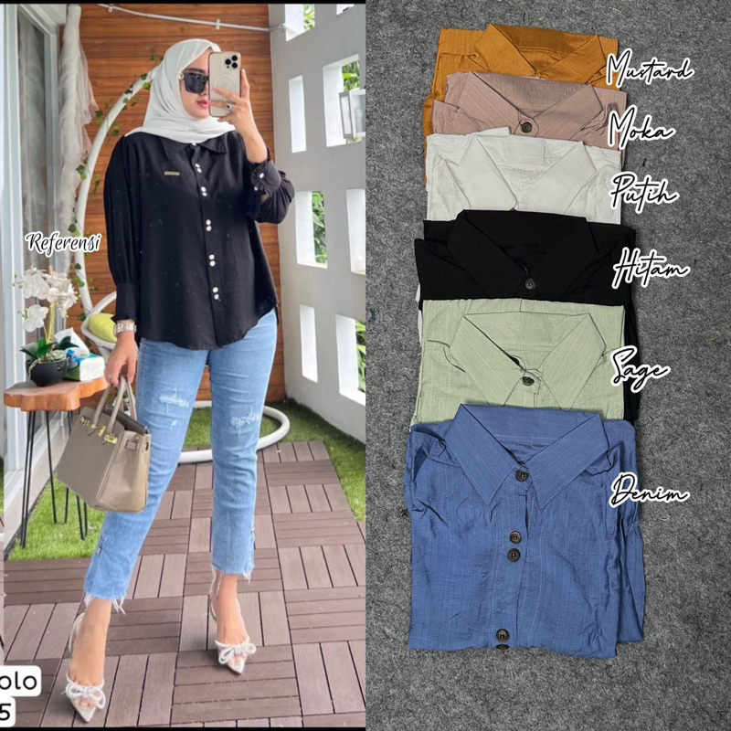 HESTI BLOUSE KEMEJA POLOS POLO LINEN LENGAN PANJANG LD 110 KANCING FULL AKTIF