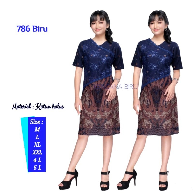 786 Biru gaun dress batik wanita Big jumbo 4L 5L gaun wanita -