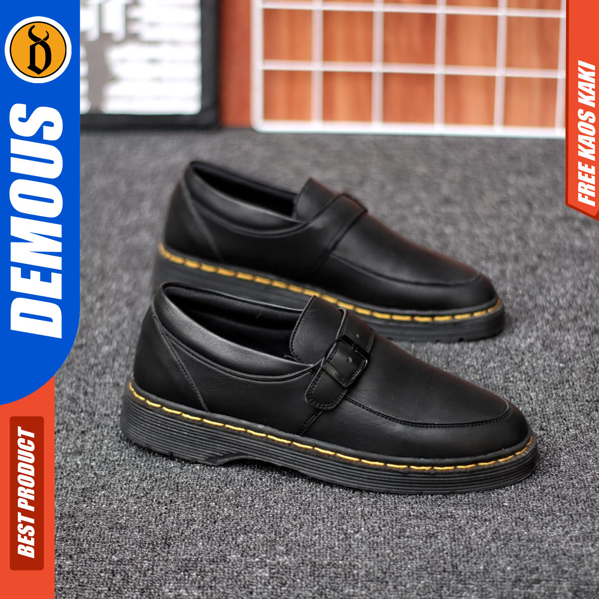 DEMOUS FLUTON - Sepatu Pantofel Formal Loafers Docmart Kerja Hitam Pria