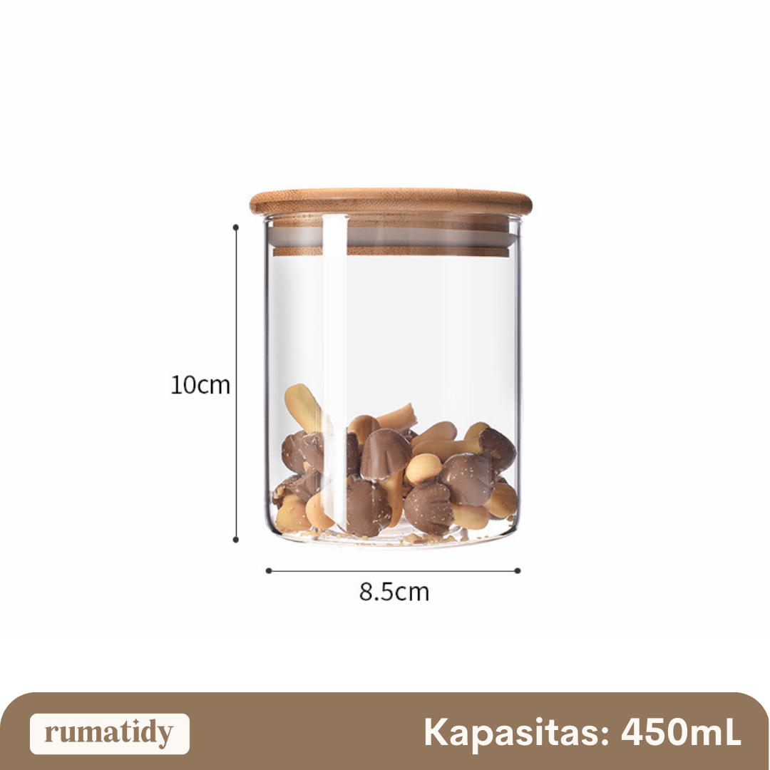 [DIAMETER 8.5cm] FULLSET Toples Snack Kaca Bulat Tutup Kayu Borosilicate Diameter 8.5cm Kedap Udara Makanan Tempat Penyimpanan Cereal Toples Kotak Bening Kontainer Makanan