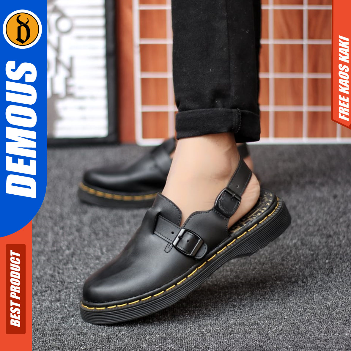 DEMOUS MIKASA - Sandal Sepatu Docmart Pria Sendal Slide Selop Pria Kulit PU