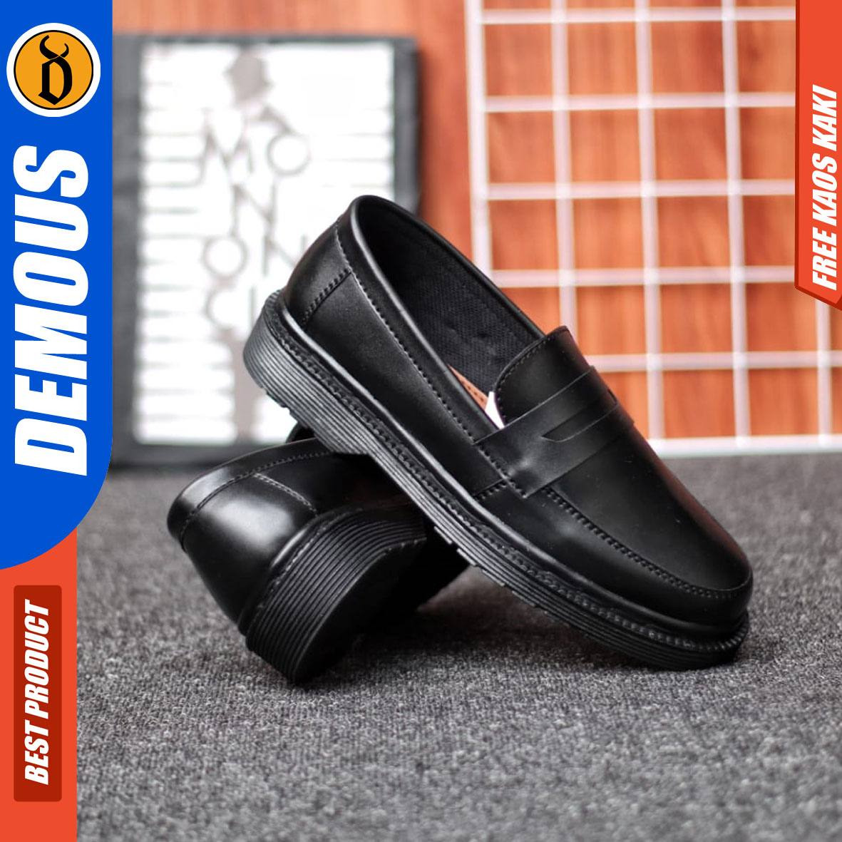 DEMOUS POLIS - Sepatu Loafers Pantofel Formal Docmart Slip On Pria Kerja Kulit PU