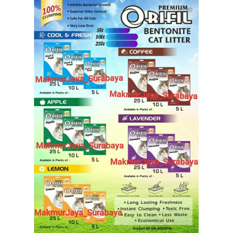 PASIR PREMIUM ORIFIL KUCING 1SAK 10L LAVENDER LEMON COOL &amp; FRESH APEL COFFE