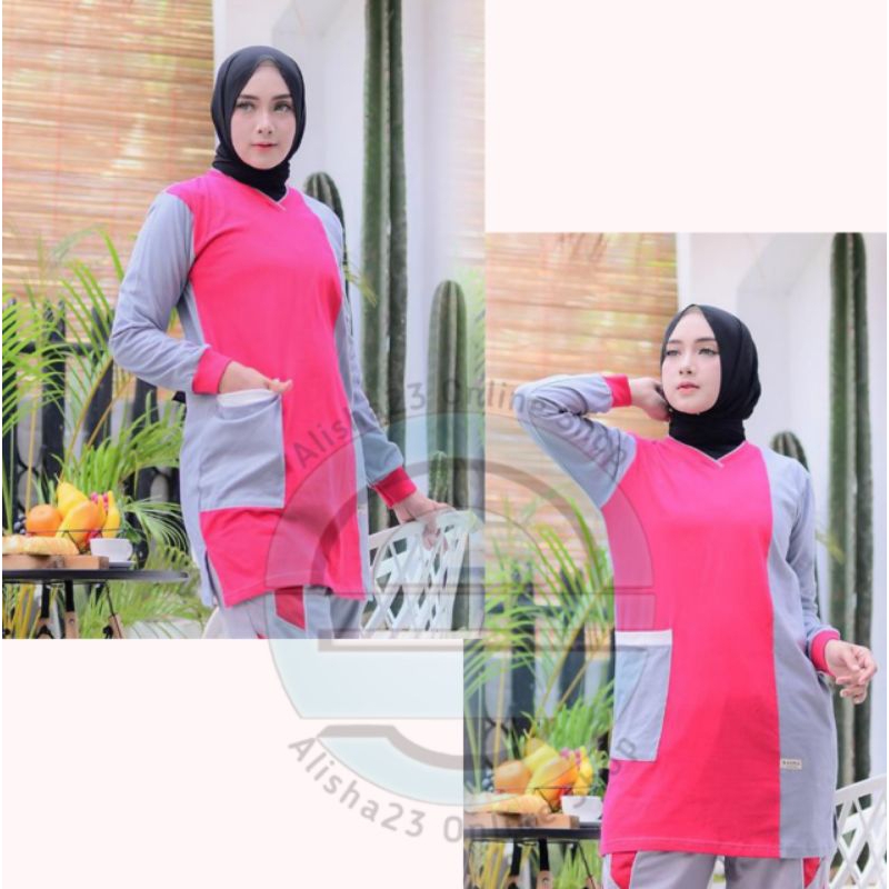 Kaos olahraga tunik muslimah/baju olahraga wanita model tunik lengan panjang/ kaos kombinasi lengan 
