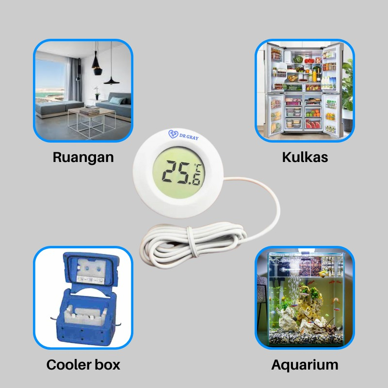 Termometer Kulkas Digital Bulat LCD Display Pengukur Suhu Ruangan Thermometer Freezer DR GRAY