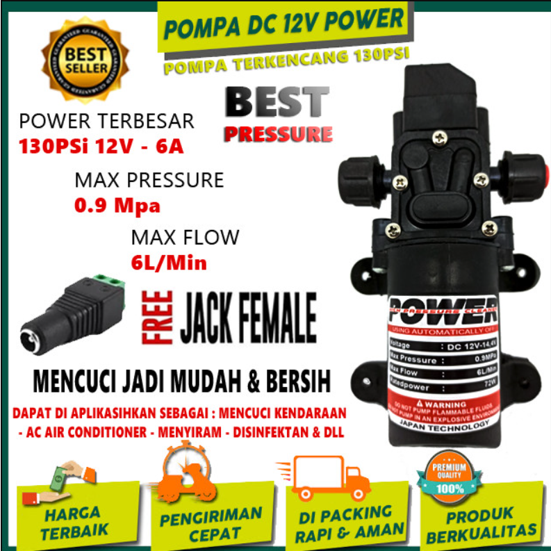 Pompa Air DC 12 Volt 130 PSI Penguat Tekanan Air High Pressure, Alat Cuci Kendaraan Tekanan Tinggi