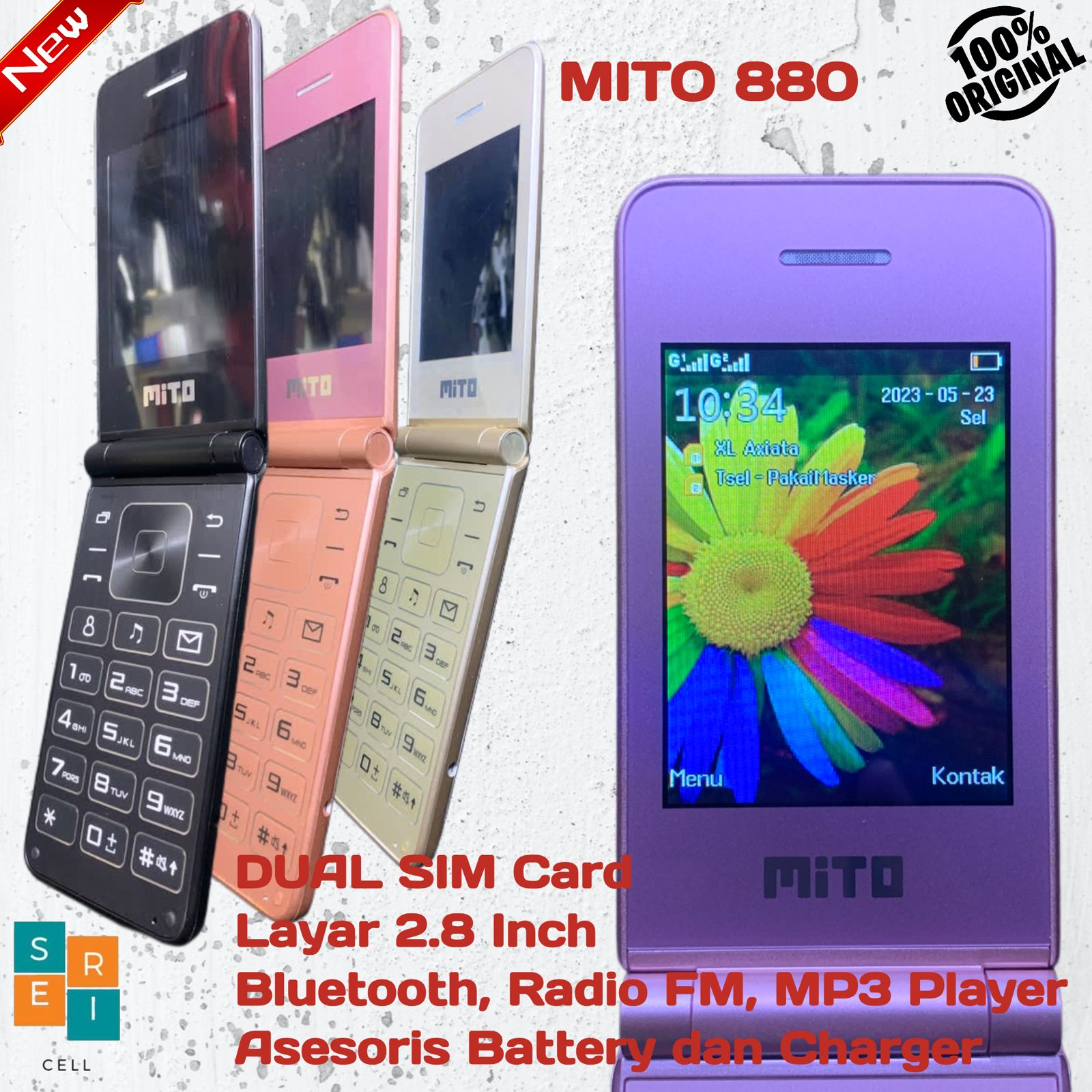 MITO Flip Lipat 880 Dual SIM Bergaransi FM Radio Bluetooth Senter