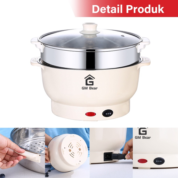 GM BEAR PANCI LISTRIK PLUS KUKUSAN STAINLESS SERBAGUNA  2in1 1225 ELEKTRIC COOKING POT