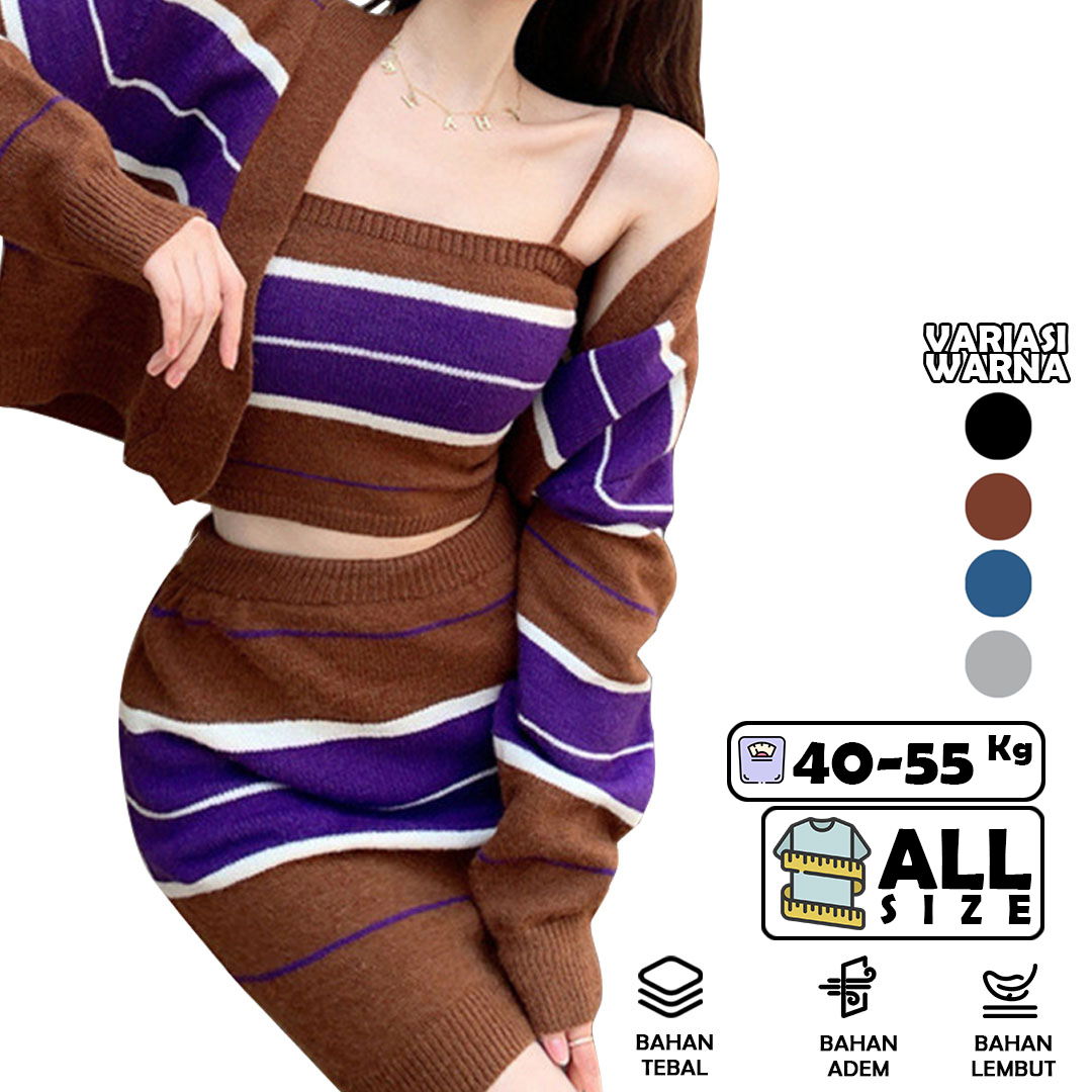 YS6146 Cardigan Oversized Inner Rok Mini Slim Fit / Set Trendi 3in1 Korean Motif Garis-Yosinogawa