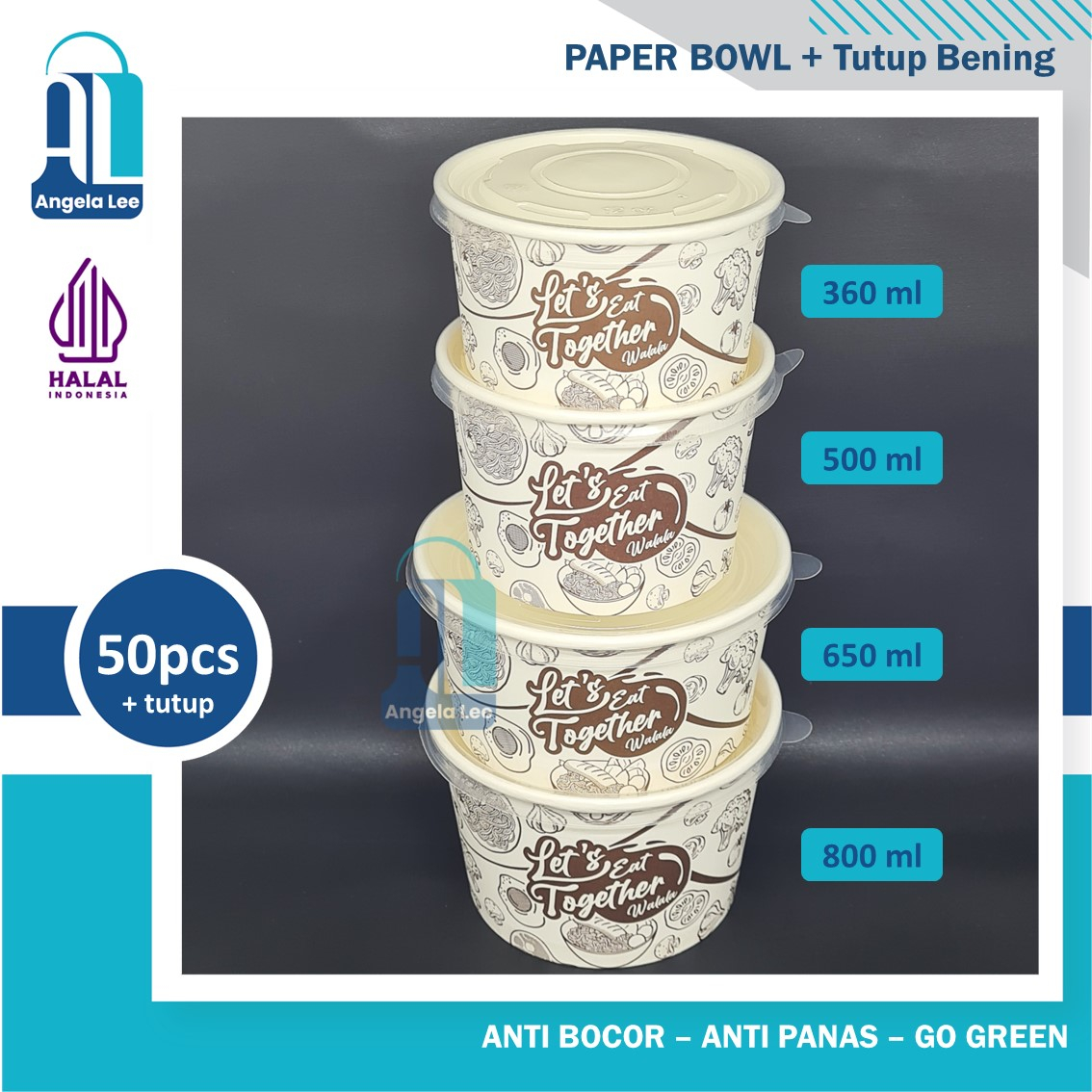 Paper Bowl Motif 800ml Mangkok kertas isi 50pcs +tutup foodgrade gogreen antipanas