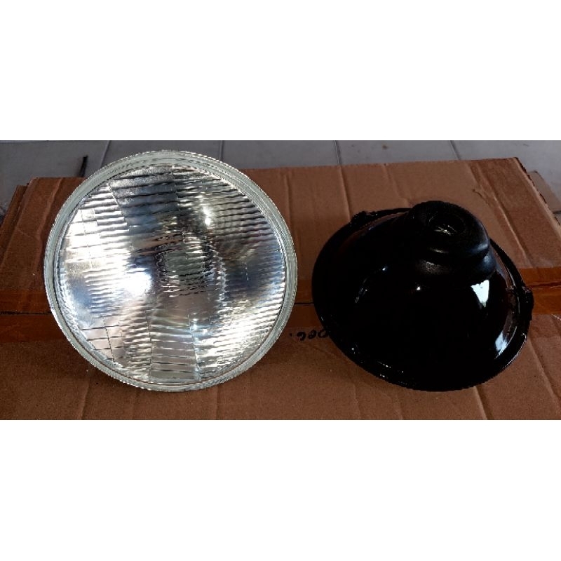 head lamp 7 inci bulat kaca standart body besi tipe lampu h4