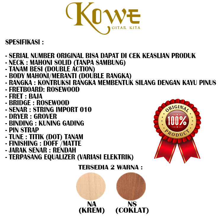 Gitar Akustik Elektrik merk KOWE gitar Original Bonus Lengkap Free Packing Kayu