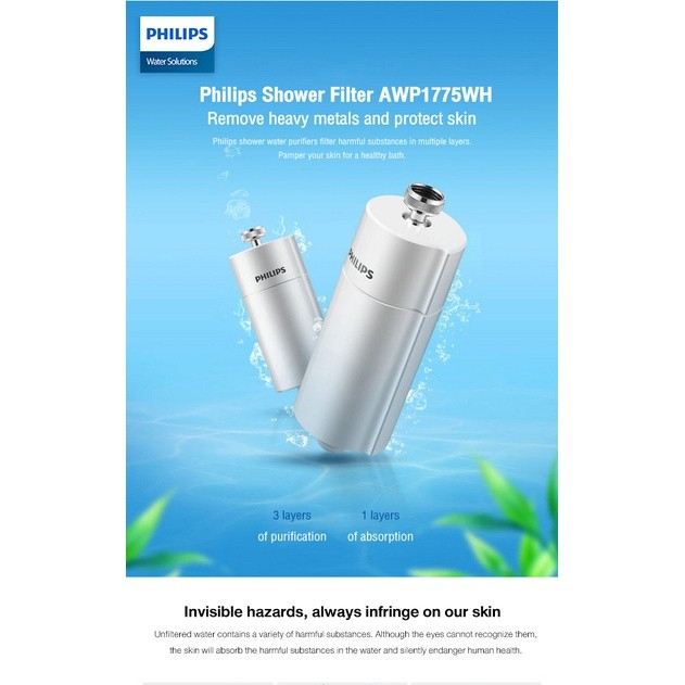 PHILIPS AWP1775WH Water Purifier Shower Filter 3-Stage Water Softener Double Mesh Filtration KDF Material Alat Mesin Penyaringan Air Shower Mandi Keran Dapur