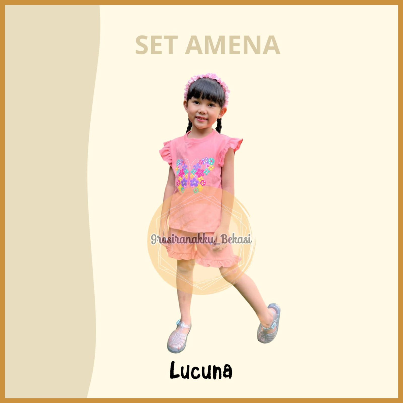 Setelan Anak Cewek Amena Lucuna Warna Peach Size 1-5 Thn