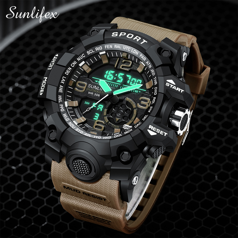 Sunlifex Jam Tangan Pria D002 Original Olahraga Jam Digital Multifungsi Tali Silikon Jam Tangan Cowok-Khaki