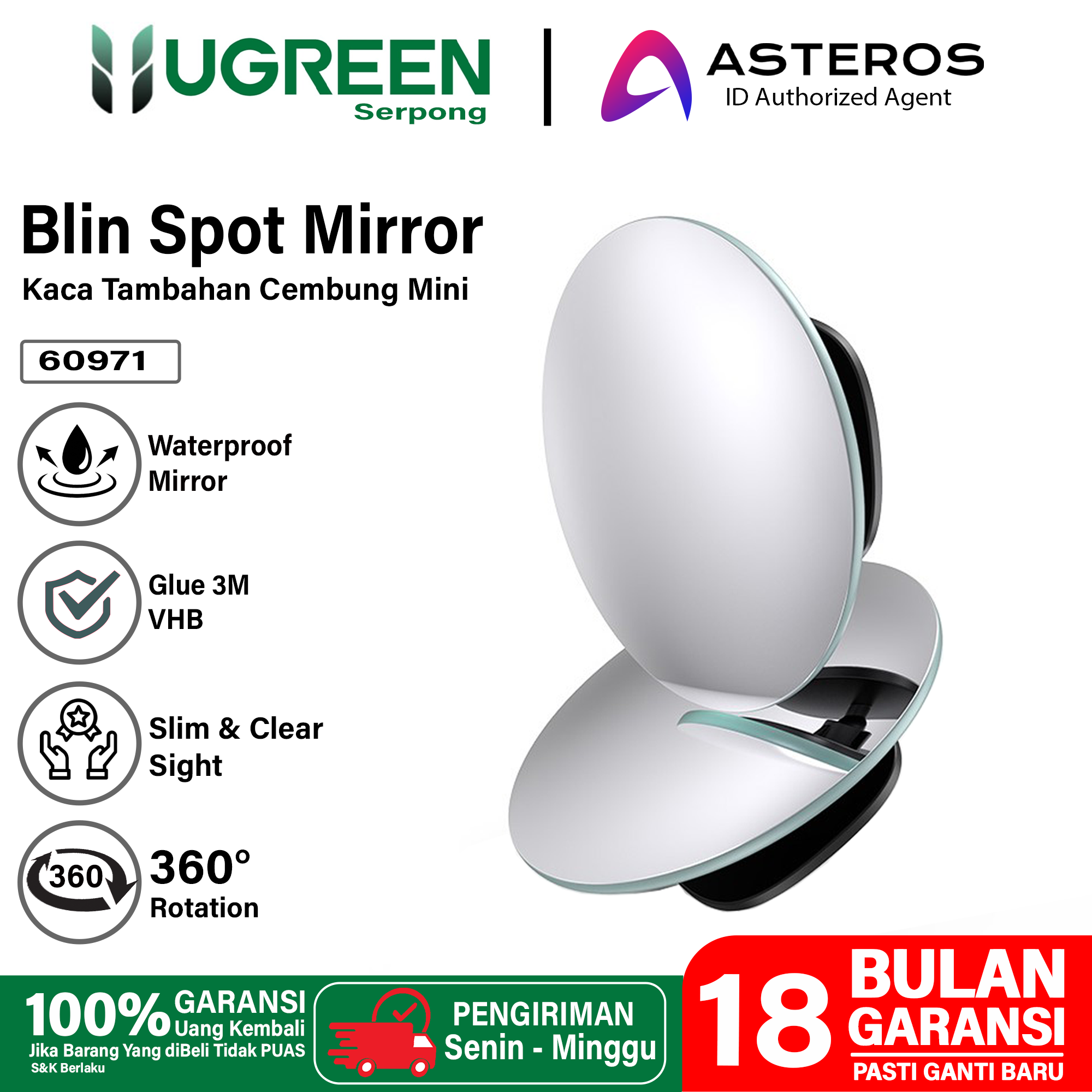 UGREEN Kaca Blind Spots Untuk Spion Mobil Motor ,Kaca Cembung Wide Angle Mobil Motor