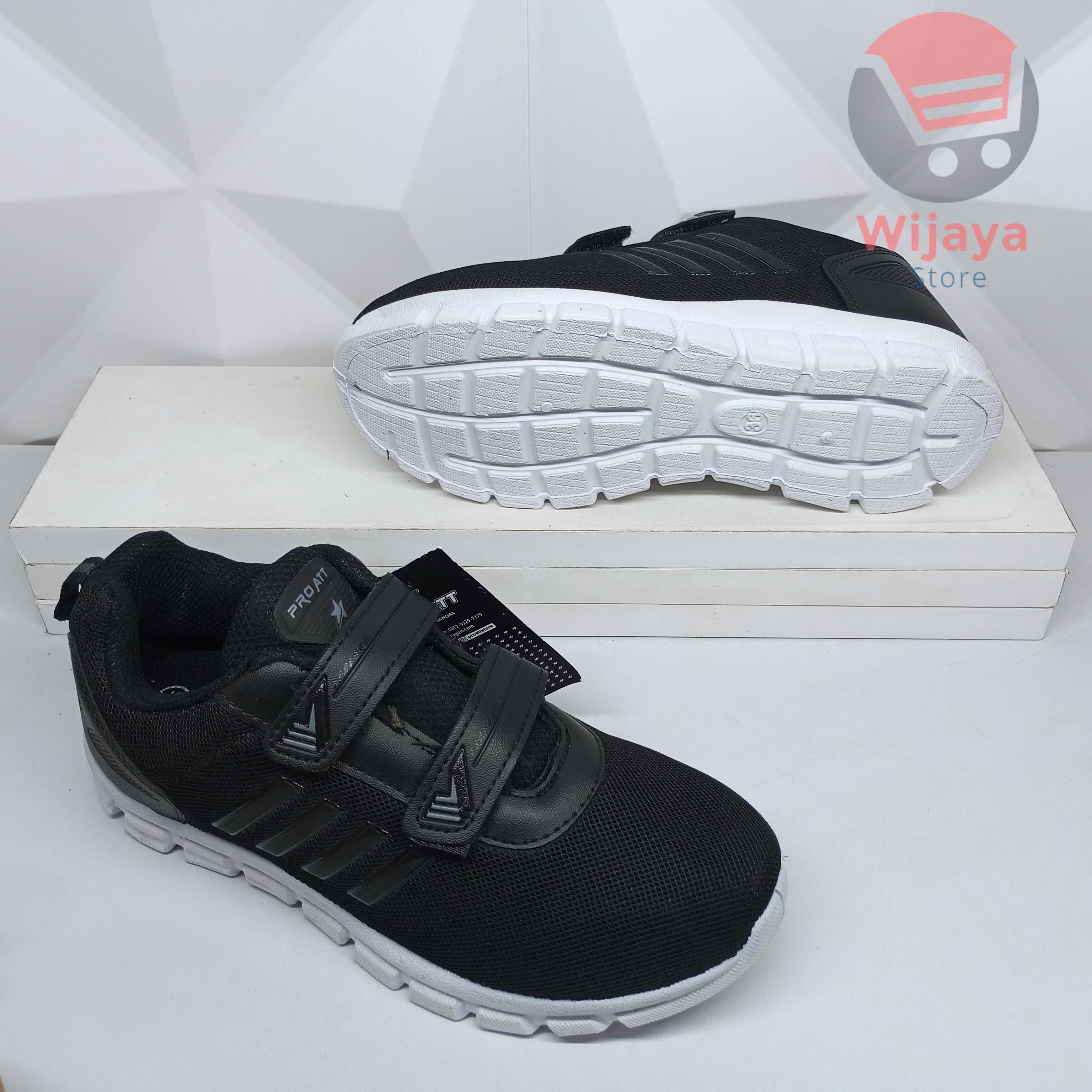Sepatu Sekolah Pro Att 35-38 Sneaker Anak Hitam Polos Putih dengan Strap Velcro yang Praktis PI 600 PC 870 TEC 890 NT 592
