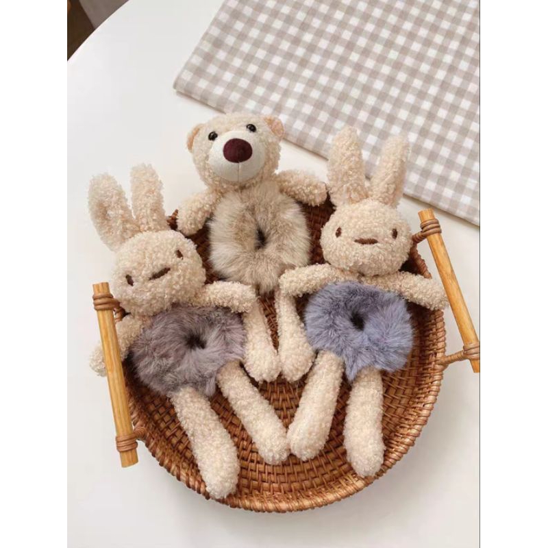 Ikat Rambut Scrunchie Bulu Korea Plush Bear Fluffy Faux Fur Ball Scrunchies Ikat Rambut Korea Boneka Beruang
