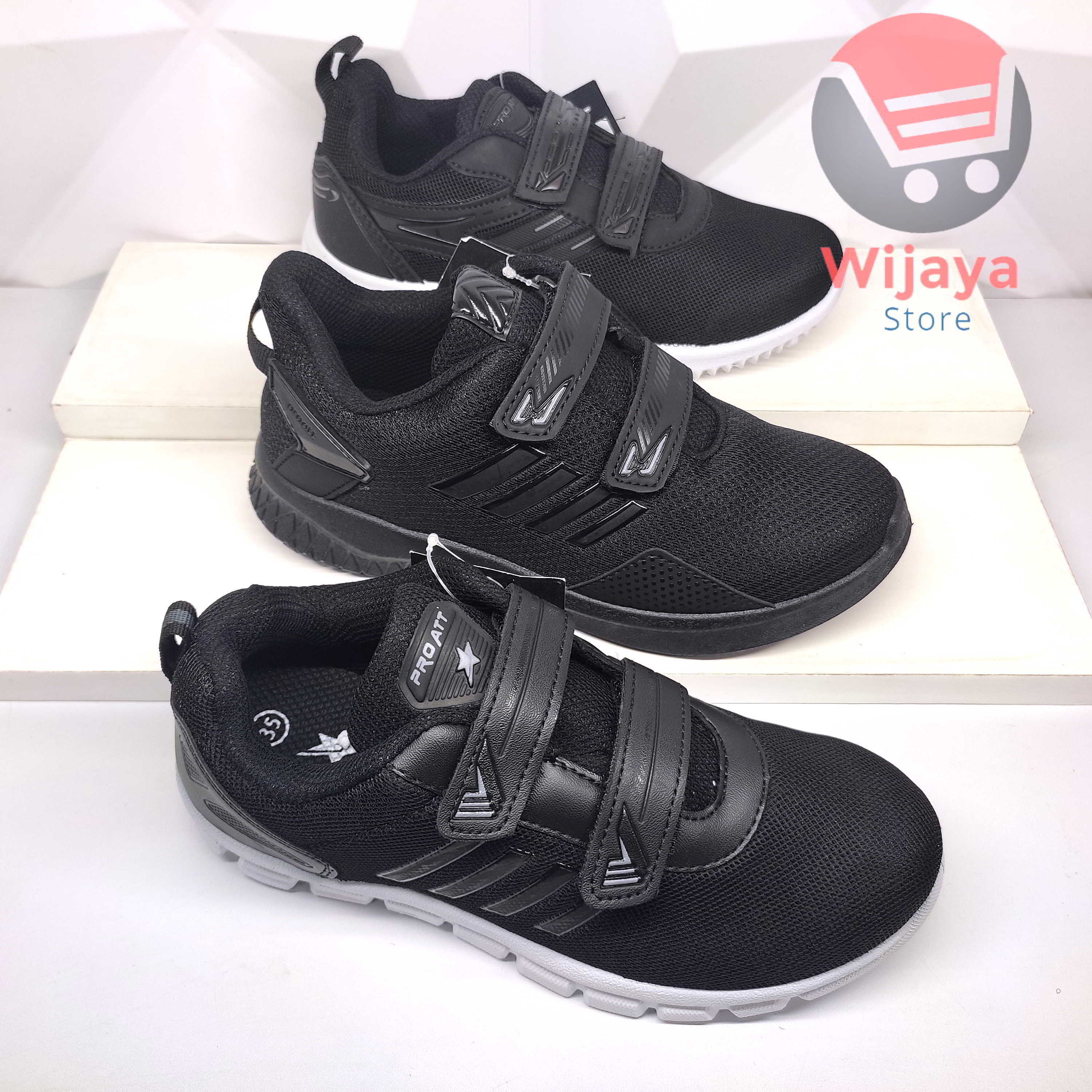 Sepatu Sekolah Pro Att 35-38 Sneaker Anak Hitam Polos Putih dengan Strap Velcro yang Praktis PI 600 PC 870 TEC 890 NT 592