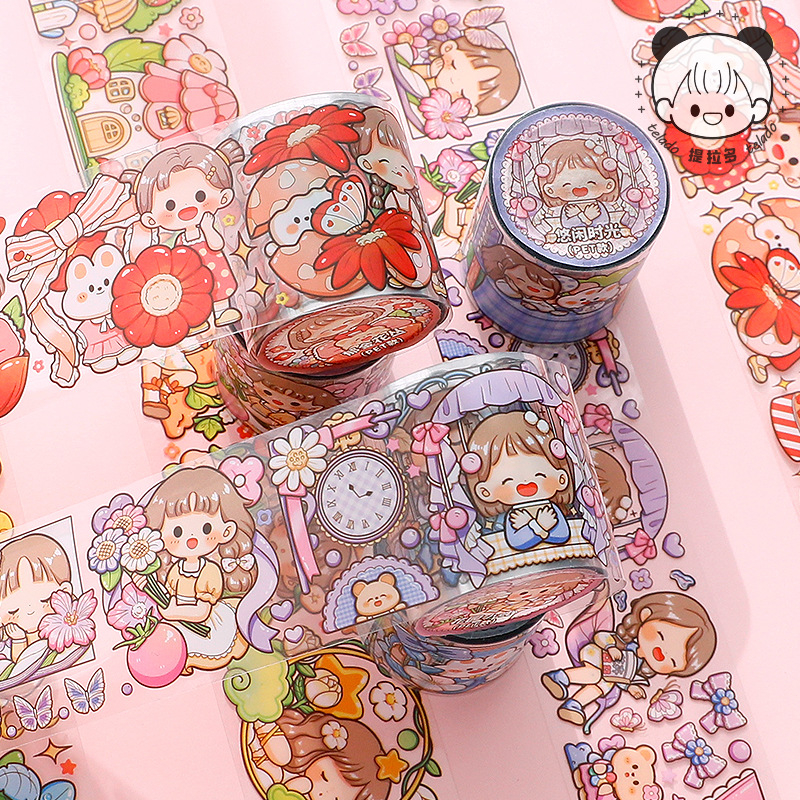 

PET Tape stiker aesthetic Motif karakter kartun lucu perempuan Masking tape sticker PVC Diary scrapbook DIY Waterproof daily planner Untuk dekorasil Bening anti air Anak Perempuan