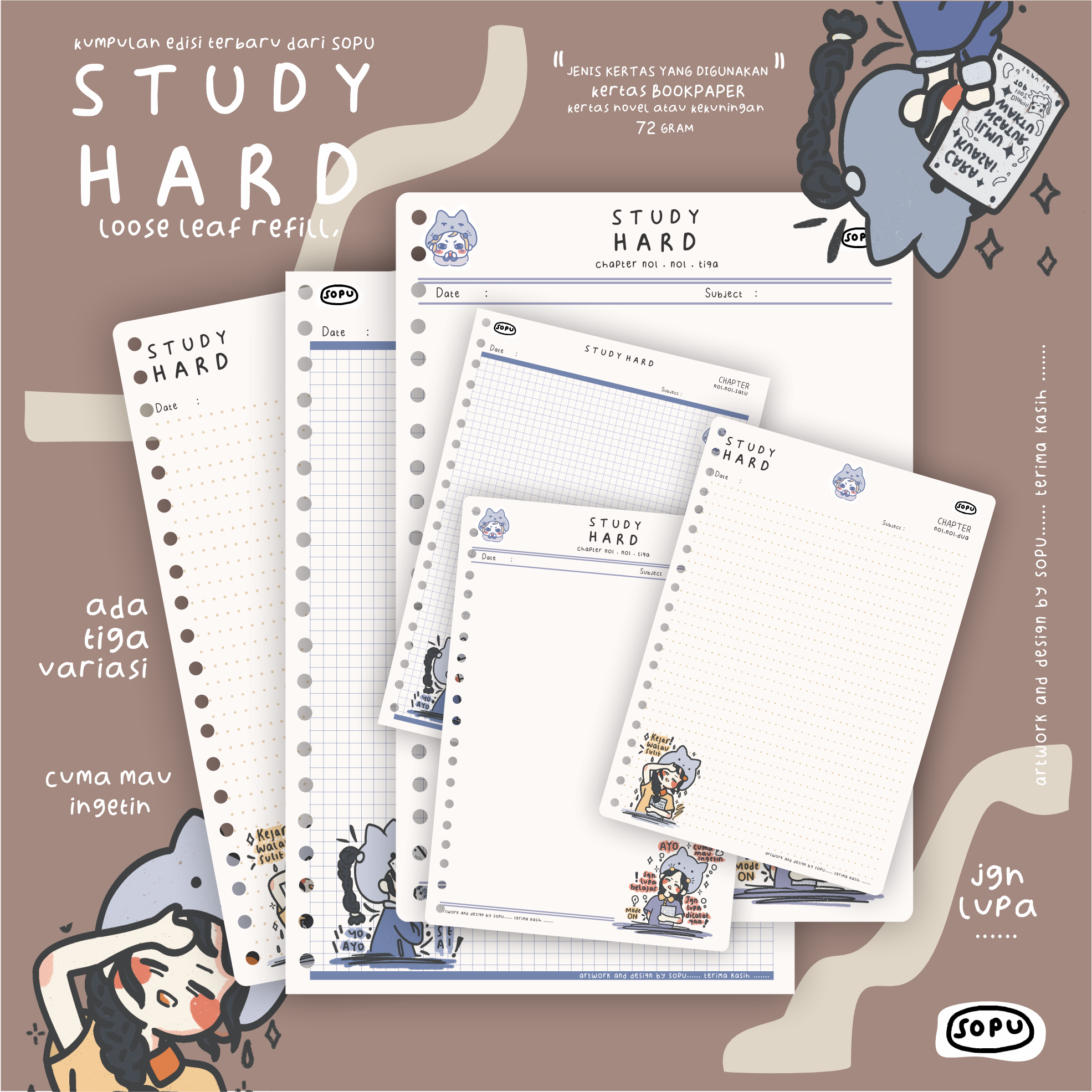 

ISI ULANG LOOSE LEAF REFILL KERTAS BINDER B5/A5 BY SOPU EDISI "STUDY HARD" SIAP KIRIM
