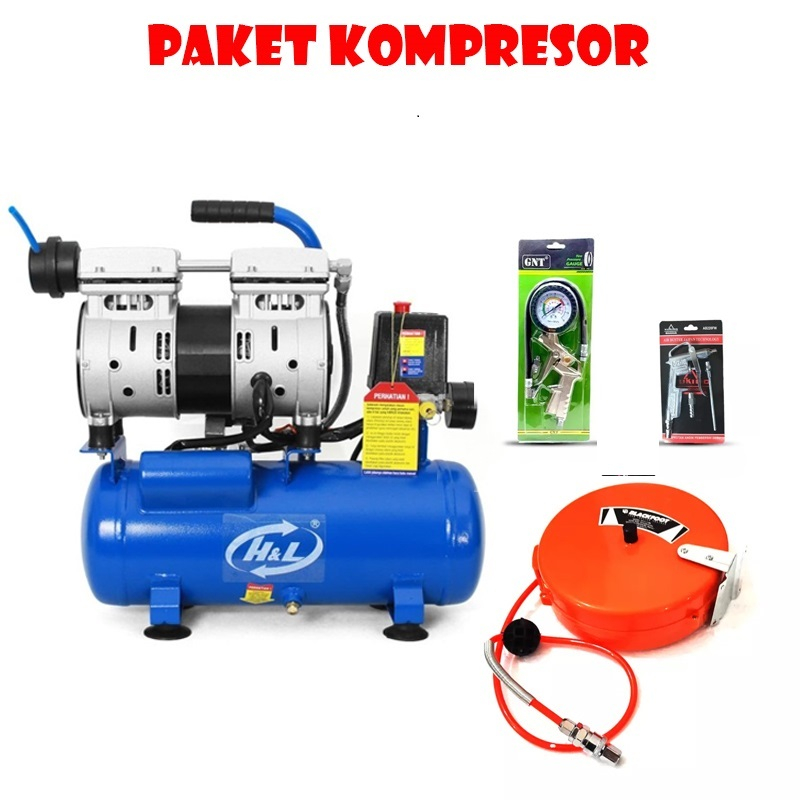 paket Oilless Silent kompresor listrik 1 HP 9 Liter pompa angin Ban motor Mobil / Kompresor cat selang compresor 6m + infaltor -air chuk-air duster paket siap pakai lebih hemat &amp; murah