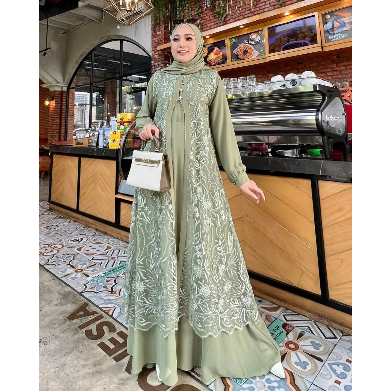 Gamis Brokat Terbaru Dhuhayu Maxi Dress Muslim Bahan Seruti Brukat Warna Sage Green Abu Milo Plum Ba