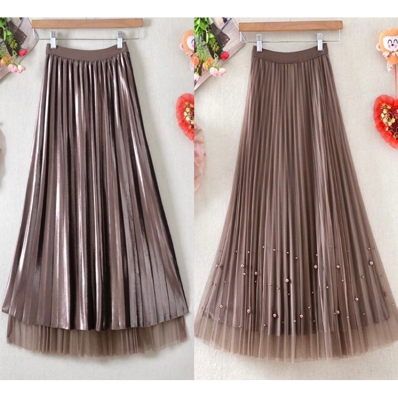 Double Face Tutu Velvet Pleated Skirt with Bead Application Import Premium ( Rok Tutu Beludru Bolak Balik - Mutiara ) [ Bisa COD ]