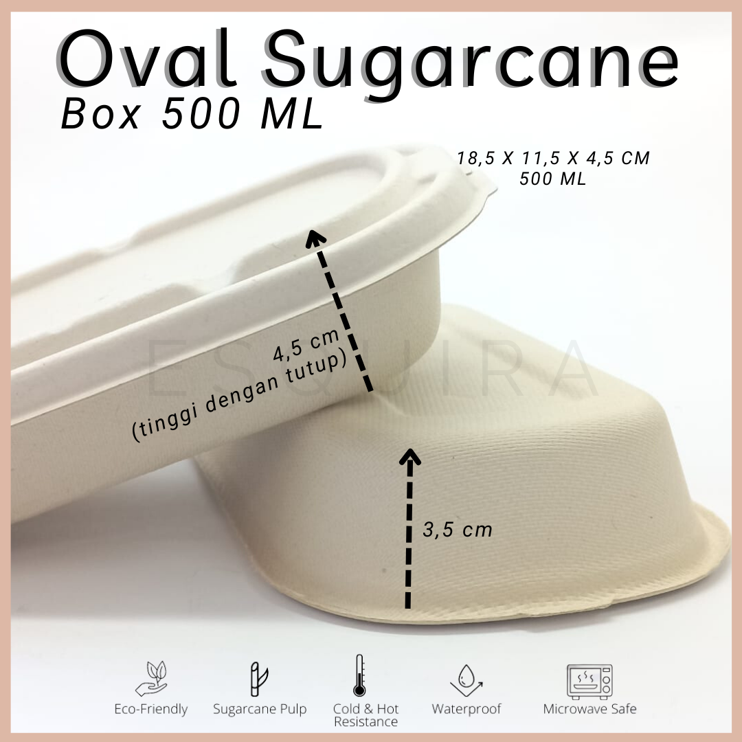 Oval Sugarcane Box 500 ML / Lunch Box 10 Pcs + Lid / TAB500