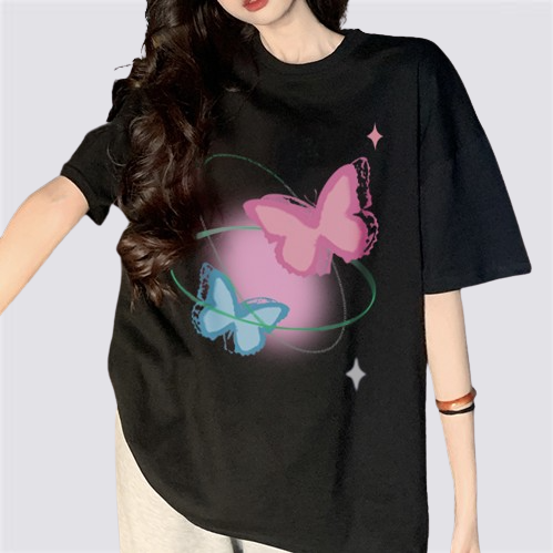 XIAOZHAINV Kaos Atasan Wanita Butterfly Pattern Lengan Pendek A0546