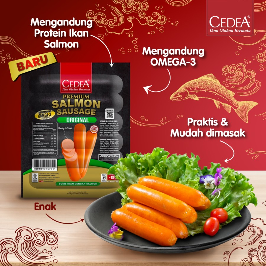 

Cedea Sosis Ikan Salmon Premium/ Fish Sausage Omega 3 Isi 6pcs 390gr|Cedea Premium Sausage|Sosis Ikan Salmon