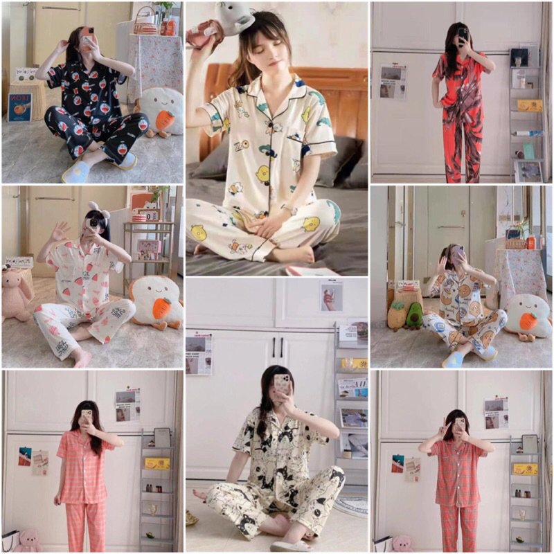 Homewear CP Kerah/Kancing Spandex Import sleep.pajamass