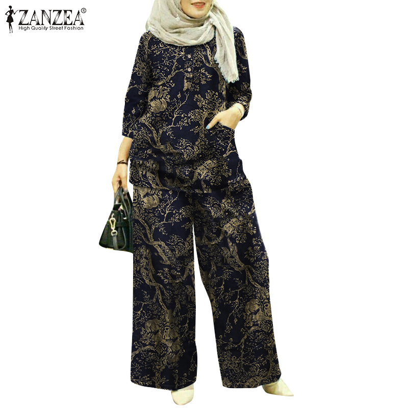 ZANZEA Women Floral Printed 3/4 Sleeve Button Down Front Casual Muslim 2 Pieces Set