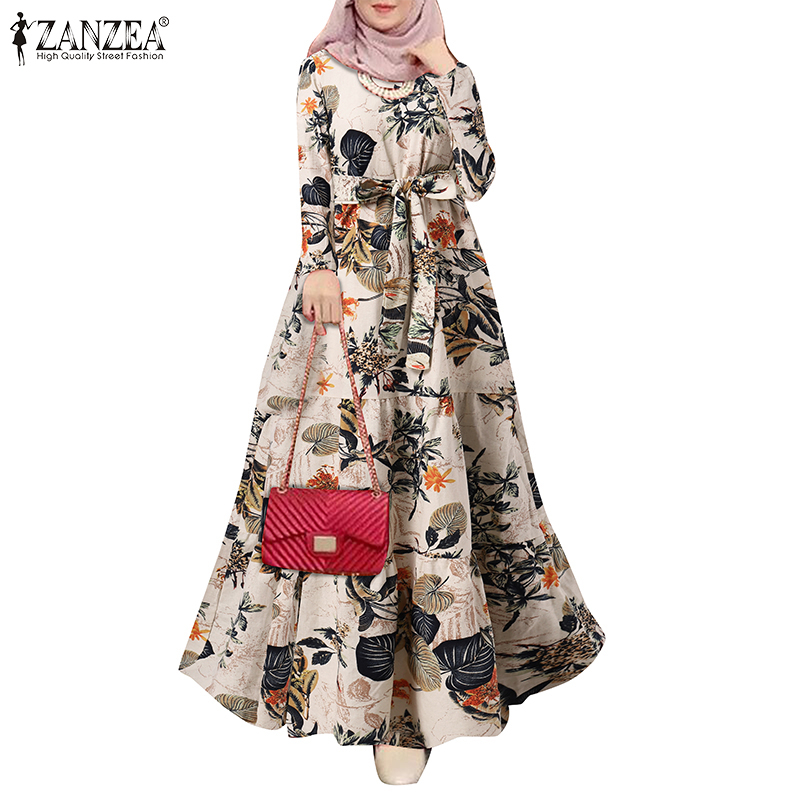 ZANZEA Women Muslim Street Fashion Long Sleeve O Neck  Printed Elegant Loose Maxi Dress