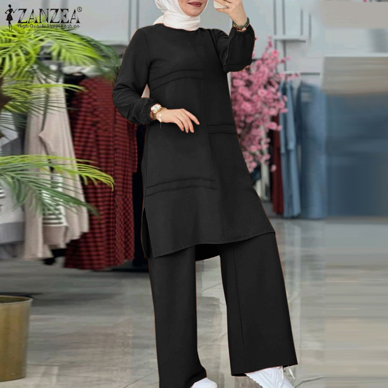 ZANZEA Women Commuting Casual Cover Up Irregular Design Elastic Waist Wide Leg Pants Muslim Suit