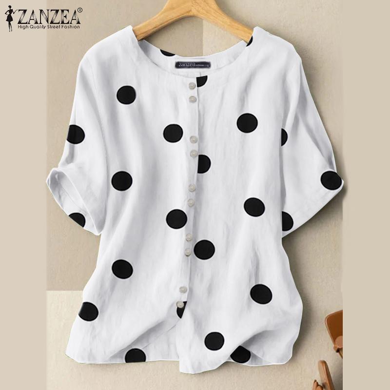 ZANZEA Women Retro Casual O Neck Short Sleeve Loose  Polka Dots Print T-Shirt