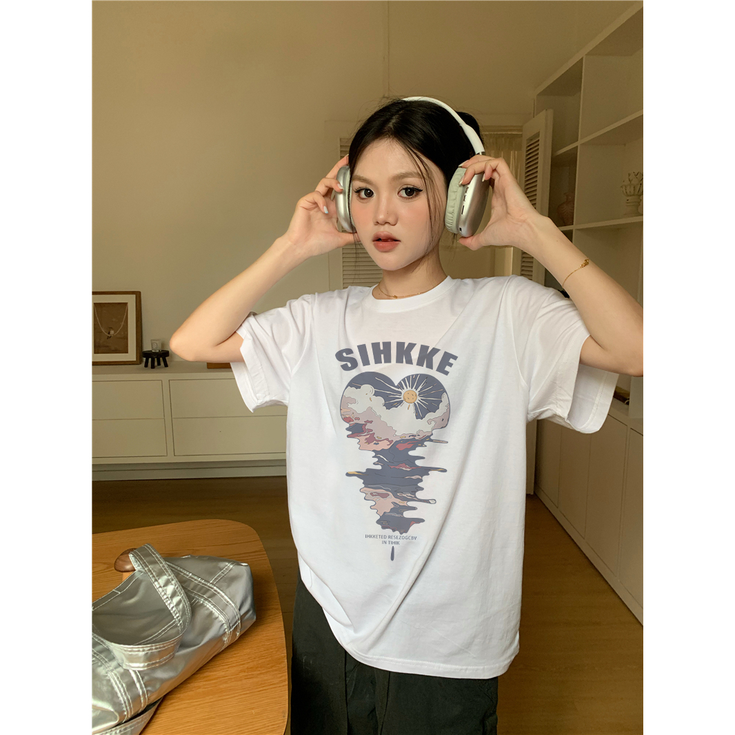 EUNII T-shirt Lengan Pendek Cartoon SIHKKE Sun Korean Style/Kaos Atasan Wanita/Baju Kaus Oversize Wanita/Kaos Wanita
