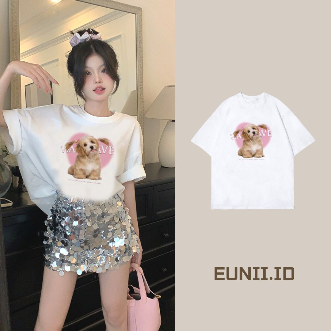 EUNII T-shirt Lengan Pendek Cartoon Pink Dog Korean Style/Kaos Atasan Wanita/Baju Kaus Oversize Wanita/Kaos Wanita