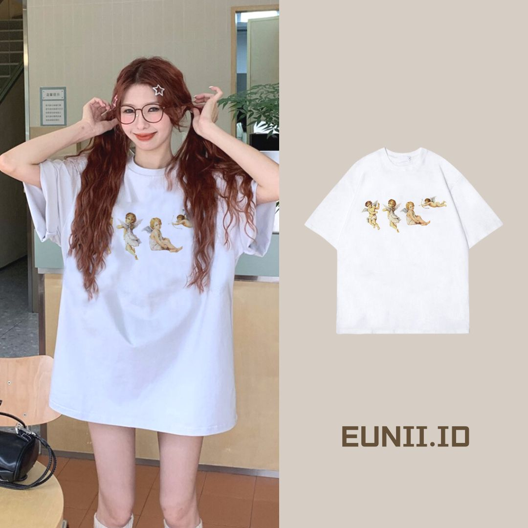 EUNII T-shirt Lengan Pendek Cartoon Angle Wings Korean Style/Kaos Atasan Wanita/Baju Kaus Oversize Wanita/Kaos Wanita